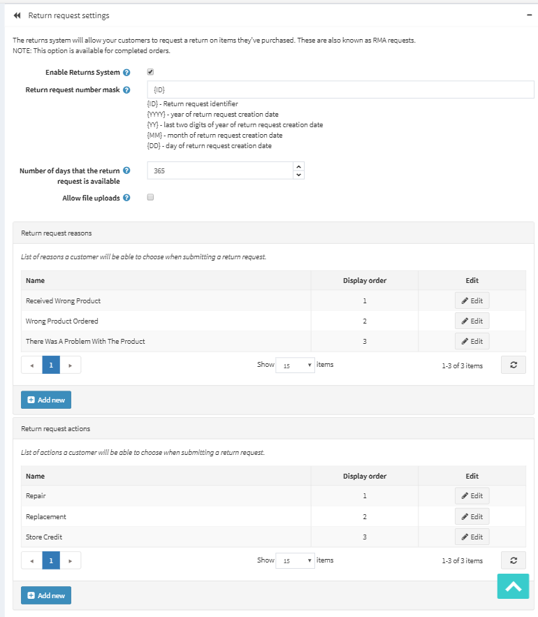 Return Requests Settings